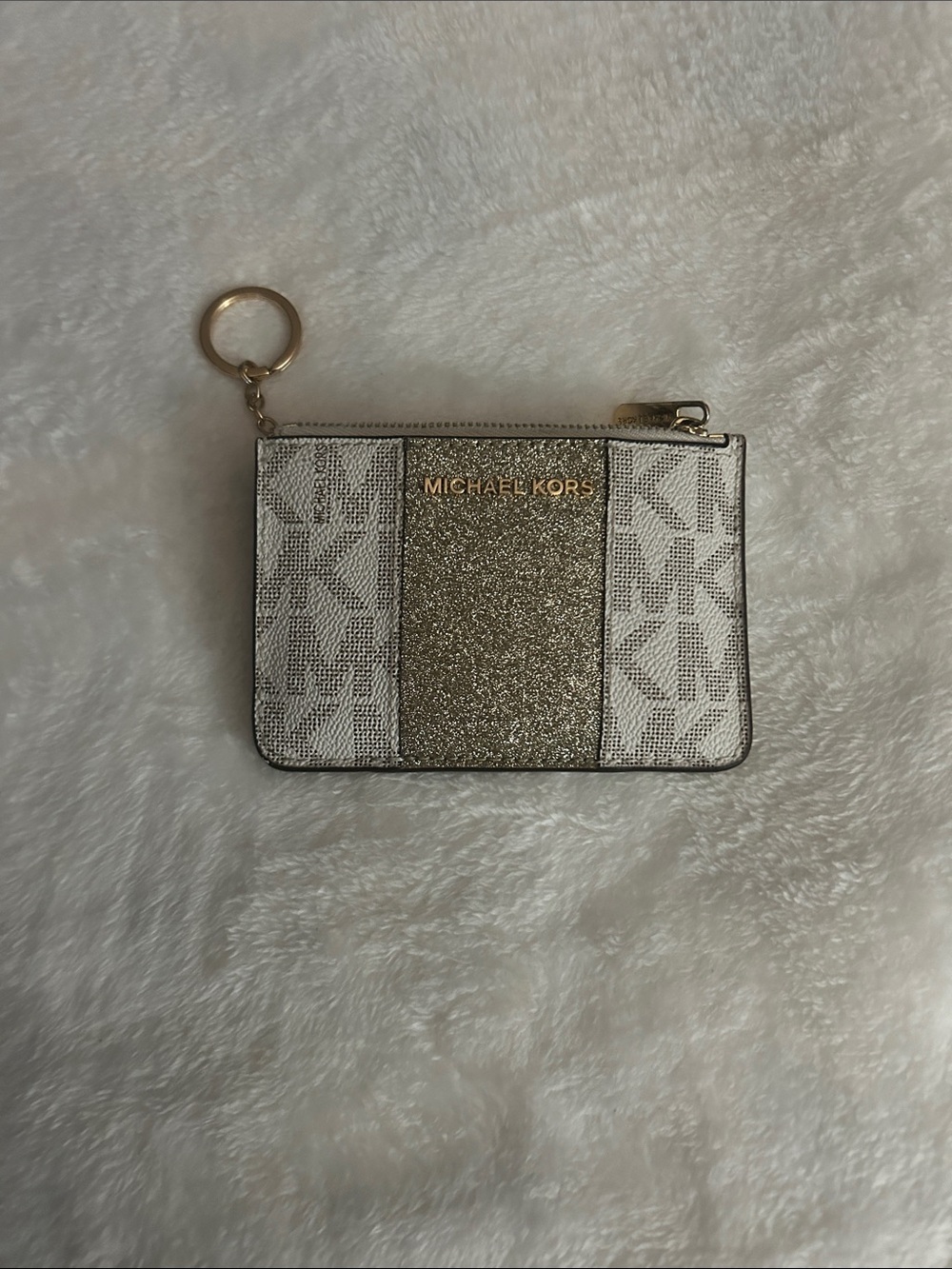 Michael Kors Gold and White Glitter Logo Zip Card Case Keyring